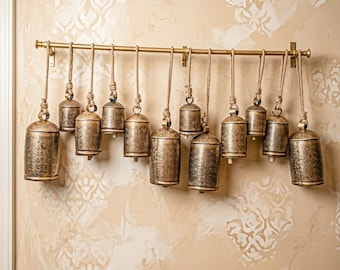 Handmade Etched Iron Hanging Bells with 45" Rod - Rustic Boho Decor