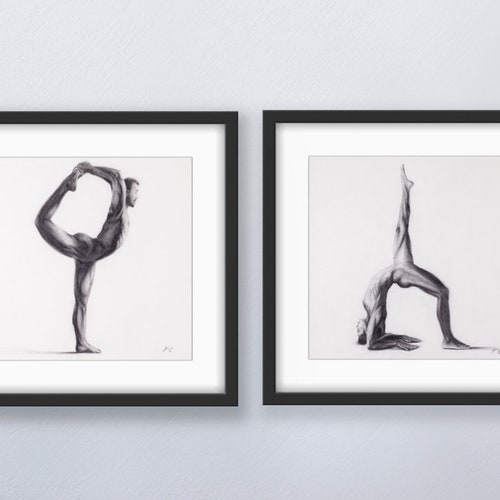 Nude Yoga Couple Art Set of 2, 2-Piece Charcoal Yoga Print Set for Home Studio, Nude shops Male Female Yoga Pose Art, Wall Art for Studio or Home