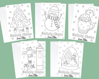 Cartes de Noël irlandaises à colorier pour enfants | Pack de cartes à colorier | Activité de Noël pour enfants | Cartes de Noël personnalisées | Nollaig Shona