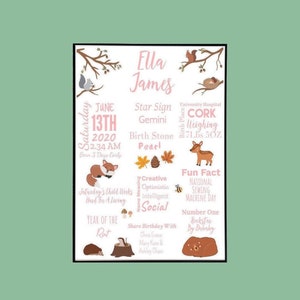 Personalised New Baby Girl Birth Details Gift | Newborn Birth Stats Print | Pink Nursery Decor | Woodland Forest | On The Day You Were Born