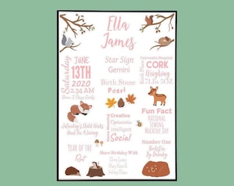 Personalised New Baby Girl Birth Details Gift | Newborn Birth Stats Print | Pink Nursery Decor | Woodland Forest | On The Day You Were Born
