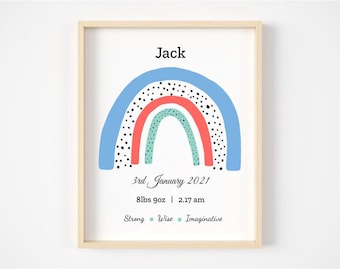 Gepersonaliseerde naam Rainbow Nursery Print | Pasgeboren geboorte details | Geboortestatistieken | Nieuwe Baby Gift | Kinderkamer Decor | Verjaardag Doopcadeau |