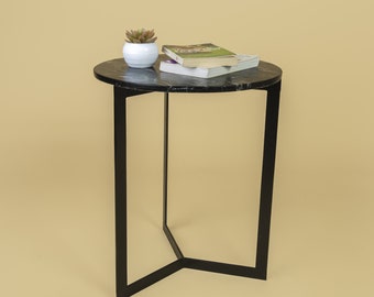 Zupo Black Marble Side Table | Natural Black Marble and Mild Steel Side Table | Modern Living Room Furniture