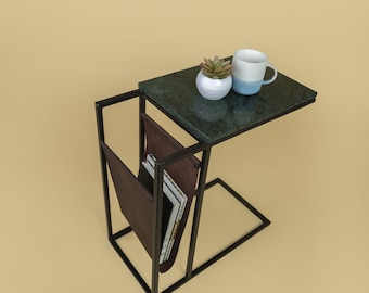 Lazio Green Marble end Table | 100% Natural Marble Table with Leather Holder | Modern Living Room Furniture