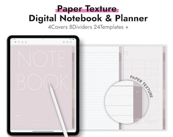 May include: Digital notebook and planner with a paper texture design. The image shows a tablet with a digital notebook open, a stylus, and a close-up of the paper texture. The text on the image says "Paper Texture Digital Notebook & Planner".