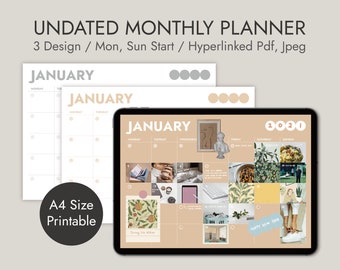 A4 Undated Monthly Planner, Minimal Calendar (Digital Download)