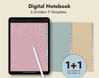 May include: Digital notebook with 6 dividers and 9 templates. The image shows a tablet displaying a pink page with the word "NOTE" and a stylus. Beside it are colorful lined pages with tabs. A blue circle reads "1+1".