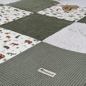 XXL Baby / Crawling Blanket Patchwork Green/Light Beige + Forest Animals New