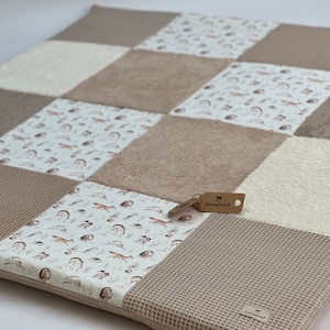 Baby/ play mat patchwork waffle lpique (cream / beige) + terry cloth (cream / beige) + FOREST ANIMALS pattern fabric