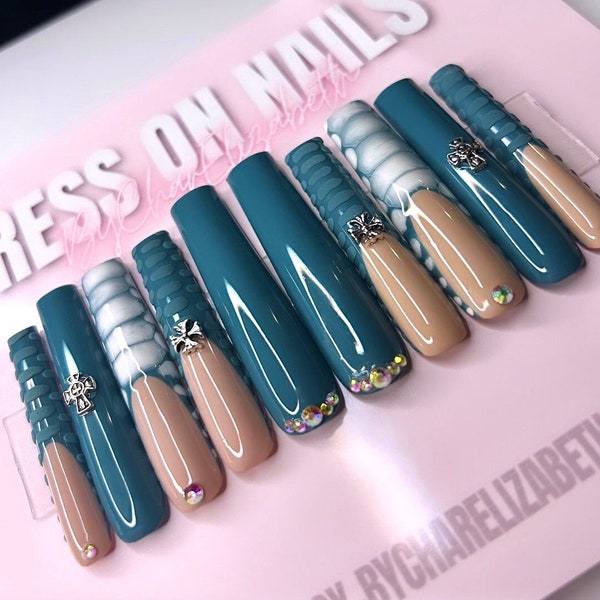 Teal French tip press on nails with nail charms, set of 10, stick on false nails, fake nail, rhinestone nails, white nails