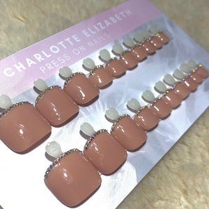 Nude Natural Press on Toe Nails, Full Set, French Pedicure, Rhinestone