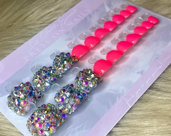 20 hot pink press on toes with rhinestones