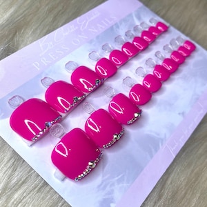 Pink press on toe nails, stick on pedicure, press ons, full set of nails, pink rhinestone nails, bling, one size fits all