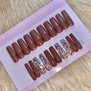 XL Square Brown Press On Nails | Rhinestone Crystal Accents