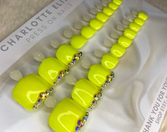 Neon Yellow press on toe nails | set of 20 nails | one size fits all | rhinestone press on toe nails