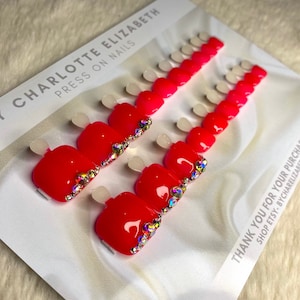 Red press on toe nails | set of 20 nails | one size fits all | rhinestone press on toe nails