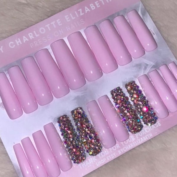 XL square press on nails, Baby pink false nails, rhinestone nails, crystal nails, long stick on nails, pink manicure