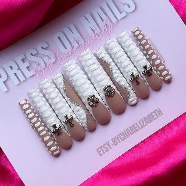 White French tip press on nails with nail charms, set of 10, stick on false nails