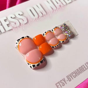 Orange French Tip Press On Toe Nails: Animal Print Rhinestone Set