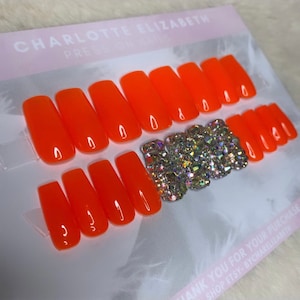 Orange rhinestone press on nails | medium length | set of 20 | other lengths available