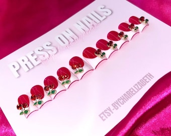 Red French Tip Press On Nails: Cherry Charm Set - Reusable