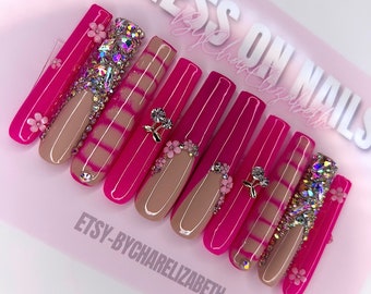 Hot Pink French Tip Press On Nails: Cherry & Flower Charms
