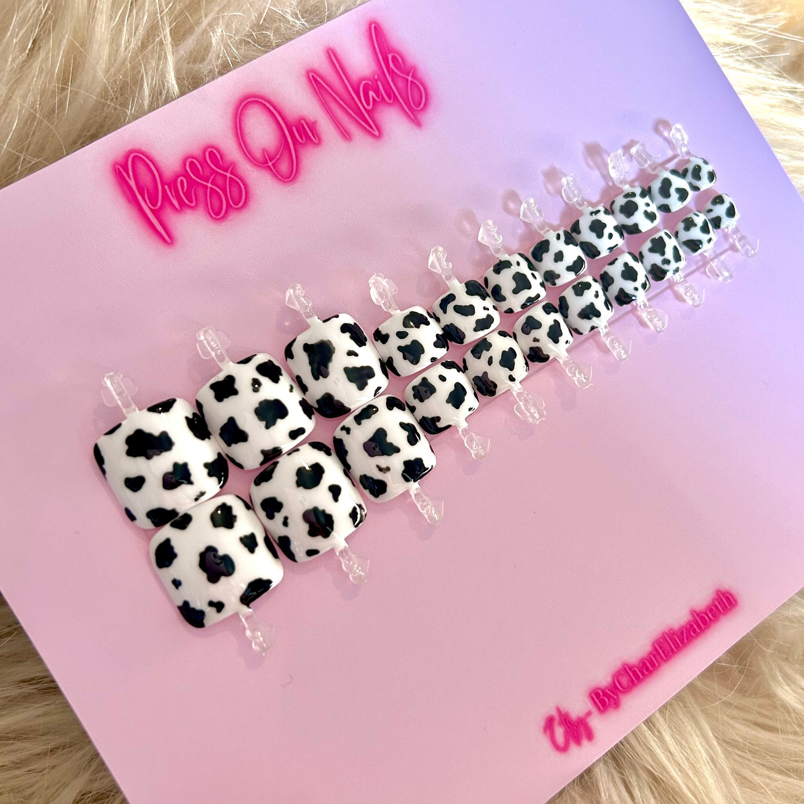 Full white and black cow print toes, press on toe nails, press on nails, full set of 22, fake nails, false nails