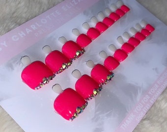 Hot pink press on toe nails, set of 20 nails, stick on pedicure, pink pedi, one size fits all, rhinestone press on toe nails