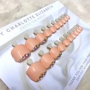 Peach Rhinestone Press On Toe Nails - 20 Piece Set