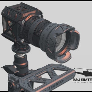 May include: A black and copper-toned camera rig featuring a lens with visible text including RJSIMTECH, FINE FOCUS, and ZOOM. The device is mounted on a tripod head with a SmallRig label. A flat, triangular support plate displays the text R&J SIMTECH.