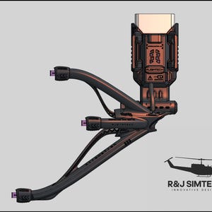 May include: A futuristic, black and copper-colored device with a rectangular top and multiple angled arms. The device has purple accents and the text "R&J SIMTECH INNOVATIVE DESIGNS". A silhouette of a helicopter is also present.