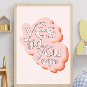 Retro Yes Girl You Can Printable Wall Art | 70s Young Feminist Art | Pastel Girly Bedroom Print | Digital Download