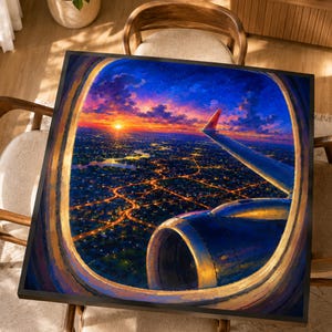 May include: A square framed wall art print depicting an airplane window view at sunset. The image shows a jet engine and wing against a vibrant orange and purple sky, overlooking a sprawling city grid illuminated by glowing yellow street lights.