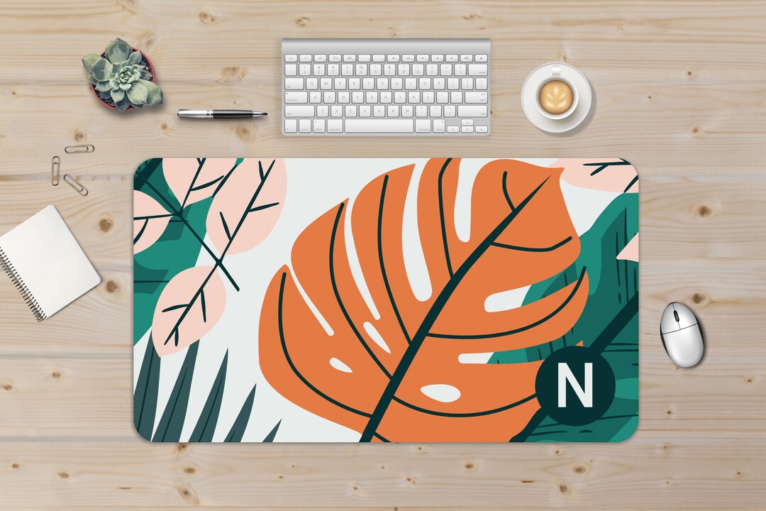 Leaf Print Monogram Desk Mat Cute Desk Pad Boho Desk Etsy