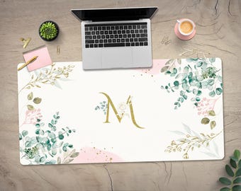 Monogram Floral Desk Mat: Personalized Botanical Eucalyptus Mouse Pad, Home Office Desk Decor