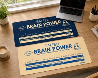 May include: Two rectangular desk mats featuring a humorous butter-themed chart titled Salted Brain Power. One mat is dark blue with cream text, and the other is cream with dark blue text. Both display measurements from 1 tbsp to 1/2 cup.