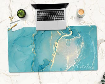 Gold Turquoise Marble Desk Mat: Personalized Office Decor, Ocean Waves Mousepad