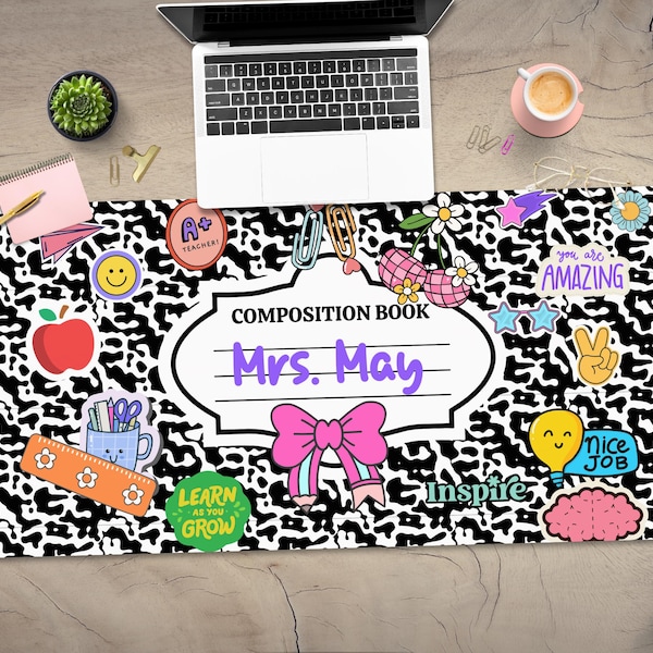Personalized Teacher Desk Mat: Composition Notebook Mousepad, Back to School Accessory