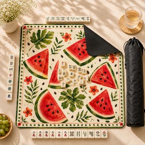 Wassermelonen-Mahjong-Spielmatte, sommerliche Spielmatte mit Blumenmuster und Früchten, farbenfrohes Garten-Mahjong-Geschenk für einen Mädelsabend