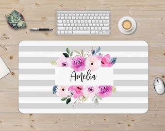 Gray Stripe Desk Mat, Personalized Desk Pad, Pink Floral Desk Blotter, Boho Desk Decor, Cute Desk Pad, Xxl Mouse Pad, Aesthetic Desk Decor