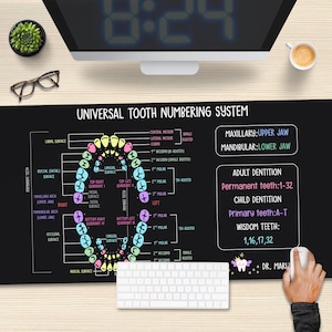 Alfombrilla de escritorio universal con numeración de dientes, alfombrilla de ratón para dentista, regalo personalizado para ortodoncista, trucos para dientes, accesorio para el espacio de trabajo dental