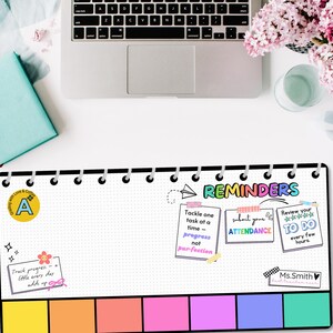 May include: A white planner with a black cover and silver rings. The planner has a dotted grid pattern and colorful sticky notes with reminders that say "Tackle one task at a time - progress not perfection", "Submit your attendance", and "Review your to do every few hours".