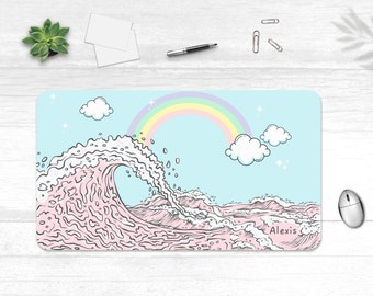 Kawaii Great Wave Desk Mat, Japanese Personalized Desk Pad, Great Wave off kanagawa, XXL Mouse Pad, Cute Anime Pad, Kids Girl desk decor