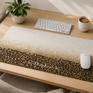 Personalized Gold Glitter Leopard Desk Mat: Cheetah Pattern Mousepad, Boss Lady Luxe Workspace Protector