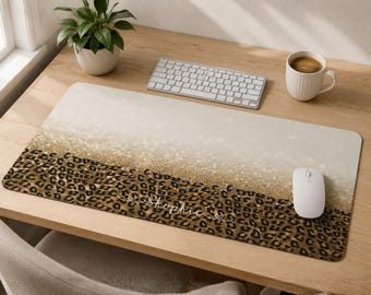 Personalized Gold Glitter Leopard Desk Mat: Cheetah Pattern Mousepad, Boss Lady Luxe Workspace Protector