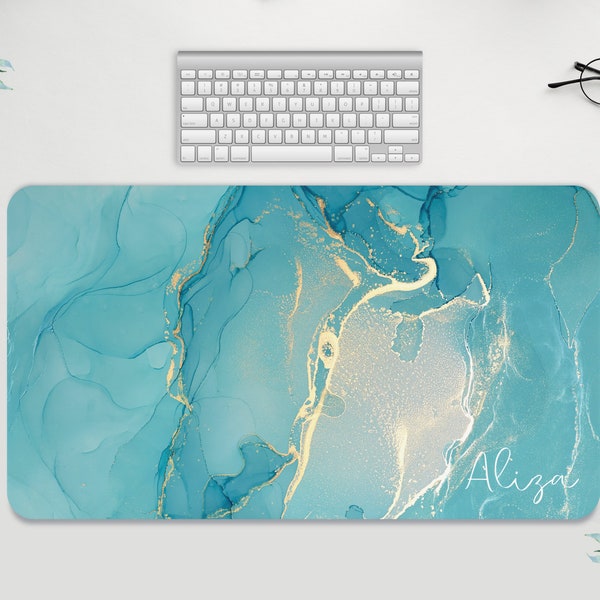 Gold Turquoise Desk Mat, Personalized Desk Mat, Cute Desk Pad, Ocean Waves, Marble Desk Protector, Extended Mouse Pad, Office Desk Decor