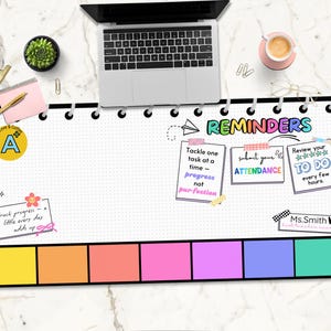 May include: A black and white planner with a dotted grid pattern. The planner has a colorful header that says "Reminders". There are three colorful sticky notes with the text "Tackle one task at a time - progress not perfection", "Submit your attendance", and "Review your to do every few hours". There are also colorful sticky notes at the bottom of the planner.