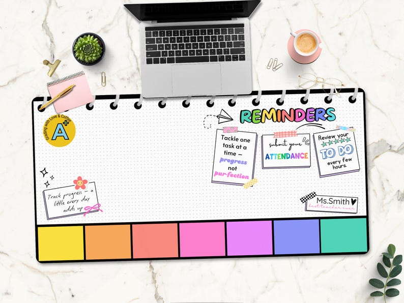 May include: A black and white planner with a dotted grid pattern. The planner has a colorful header that says "Reminders". There are three colorful sticky notes with the text "Tackle one task at a time - progress not perfection", "Submit your attendance", and "Review your to do every few hours". There are also colorful sticky notes at the bottom of the planner.