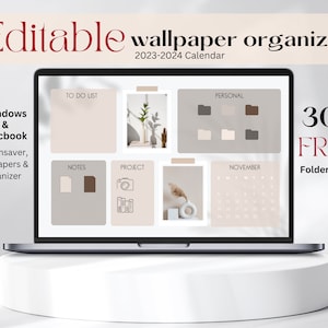 Minimalist Desktop Organizer: Neutral Wallpaper, Macbook Folder Icons, 2023-2024 Calendar