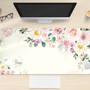 Green Floral Monogram Desk Pad, Custom Desk Mat, Boho Desk Mat, Cute Desk Pad, Mouse Pad Large, Aesthetic desk décor, Girls Desk Accessories
